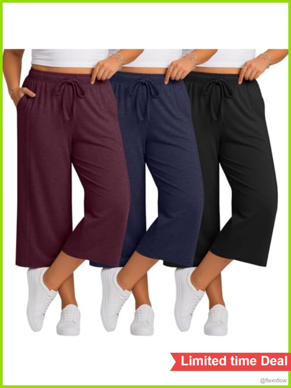Plus Size Wide Leg Cropped Sweatpants 3 Pack High Waist Drawstring Yoga Capris